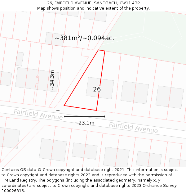 26, FAIRFIELD AVENUE, SANDBACH, CW11 4BP: Plot and title map