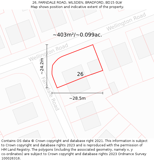 26, FARNDALE ROAD, WILSDEN, BRADFORD, BD15 0LW: Plot and title map