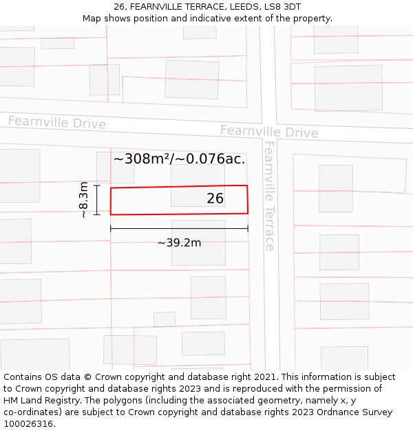 26, FEARNVILLE TERRACE, LEEDS, LS8 3DT: Plot and title map