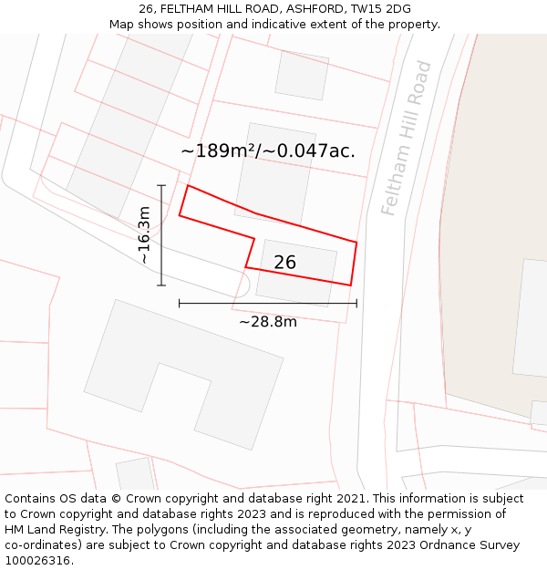 26, FELTHAM HILL ROAD, ASHFORD, TW15 2DG: Plot and title map