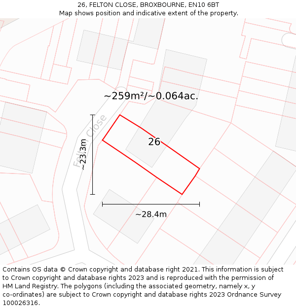 26, FELTON CLOSE, BROXBOURNE, EN10 6BT: Plot and title map