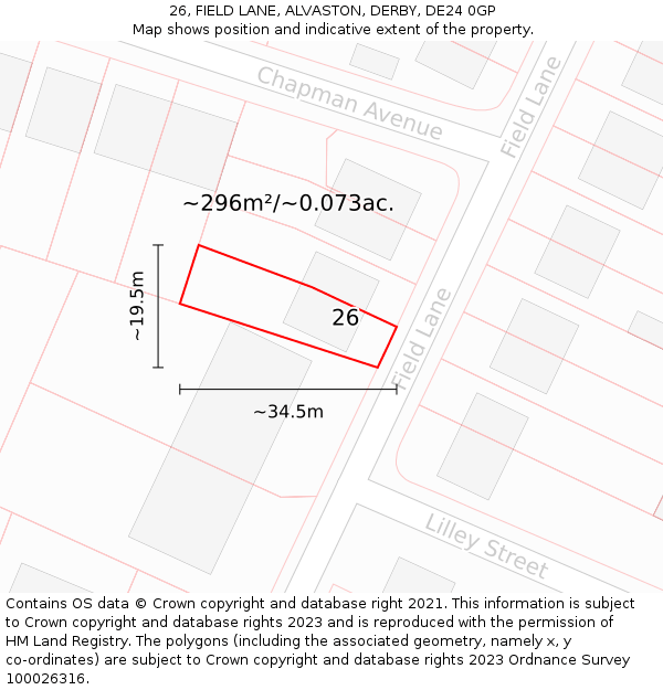 26, FIELD LANE, ALVASTON, DERBY, DE24 0GP: Plot and title map