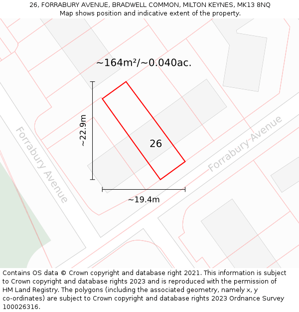 26, FORRABURY AVENUE, BRADWELL COMMON, MILTON KEYNES, MK13 8NQ: Plot and title map