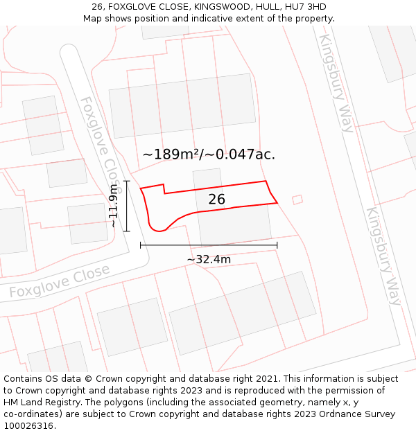 26, FOXGLOVE CLOSE, KINGSWOOD, HULL, HU7 3HD: Plot and title map