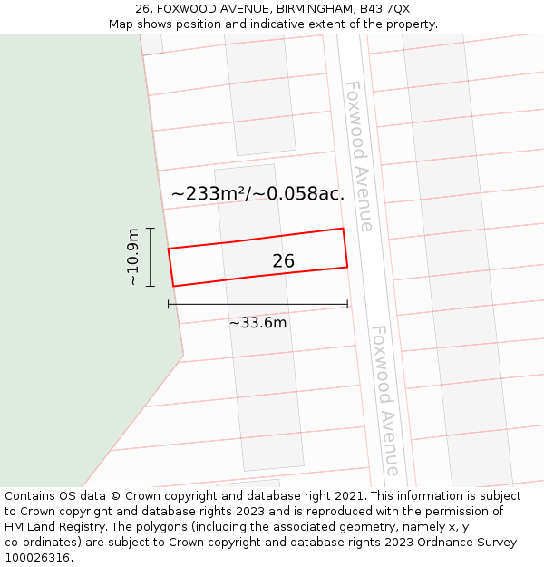 26, FOXWOOD AVENUE, BIRMINGHAM, B43 7QX: Plot and title map