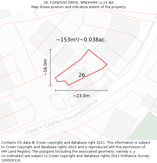 26, FOXWOOD DRIVE, WREXHAM, LL14 4JA: Plot and title map