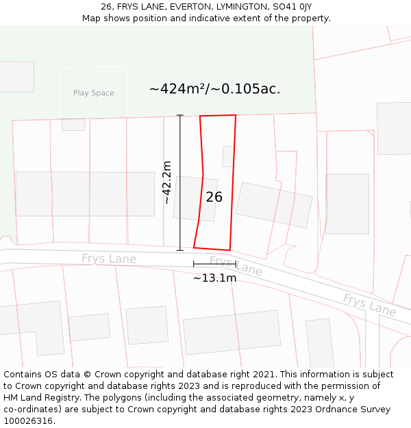 26, FRYS LANE, EVERTON, LYMINGTON, SO41 0JY: Plot and title map