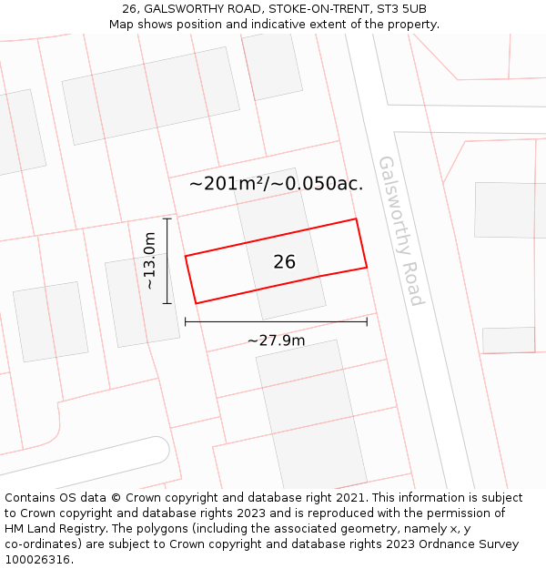 26, GALSWORTHY ROAD, STOKE-ON-TRENT, ST3 5UB: Plot and title map
