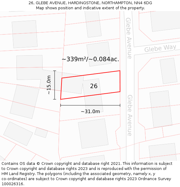 26, GLEBE AVENUE, HARDINGSTONE, NORTHAMPTON, NN4 6DG: Plot and title map