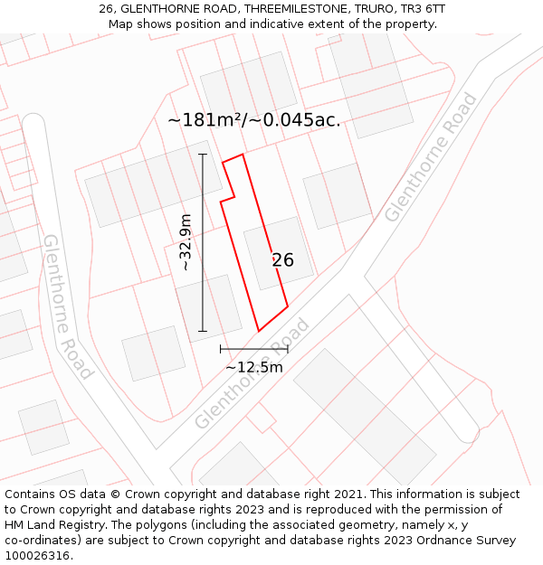 26, GLENTHORNE ROAD, THREEMILESTONE, TRURO, TR3 6TT: Plot and title map