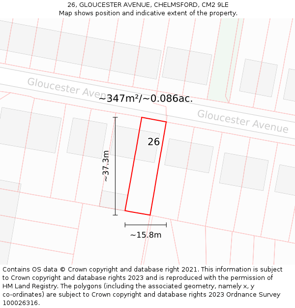 26, GLOUCESTER AVENUE, CHELMSFORD, CM2 9LE: Plot and title map