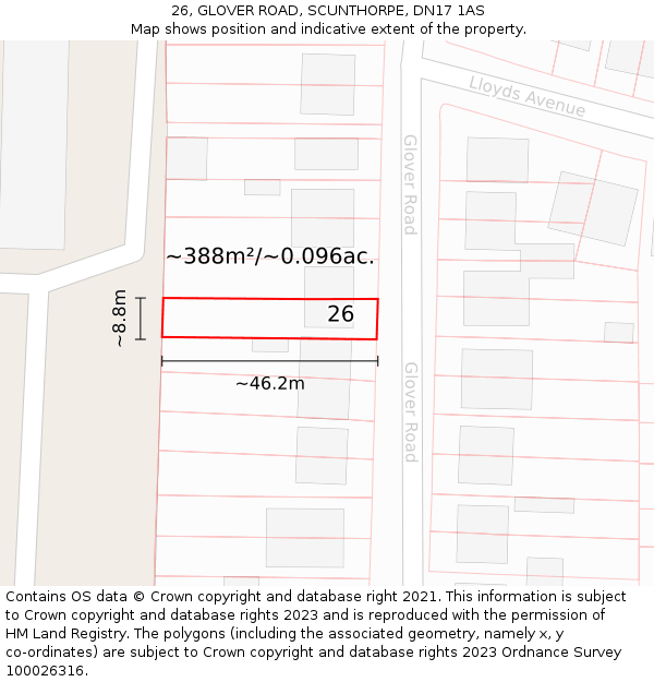 26, GLOVER ROAD, SCUNTHORPE, DN17 1AS: Plot and title map