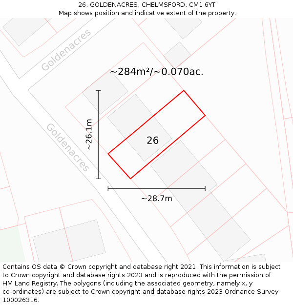 26, GOLDENACRES, CHELMSFORD, CM1 6YT: Plot and title map