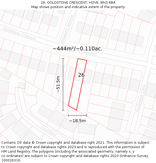 26, GOLDSTONE CRESCENT, HOVE, BN3 6BA: Plot and title map