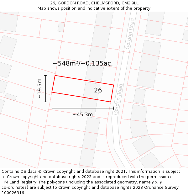 26, GORDON ROAD, CHELMSFORD, CM2 9LL: Plot and title map