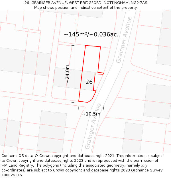 26, GRAINGER AVENUE, WEST BRIDGFORD, NOTTINGHAM, NG2 7AS: Plot and title map