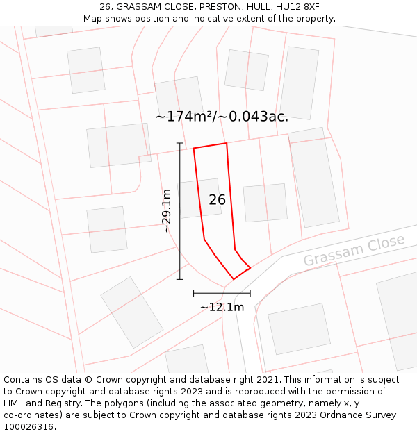 26, GRASSAM CLOSE, PRESTON, HULL, HU12 8XF: Plot and title map