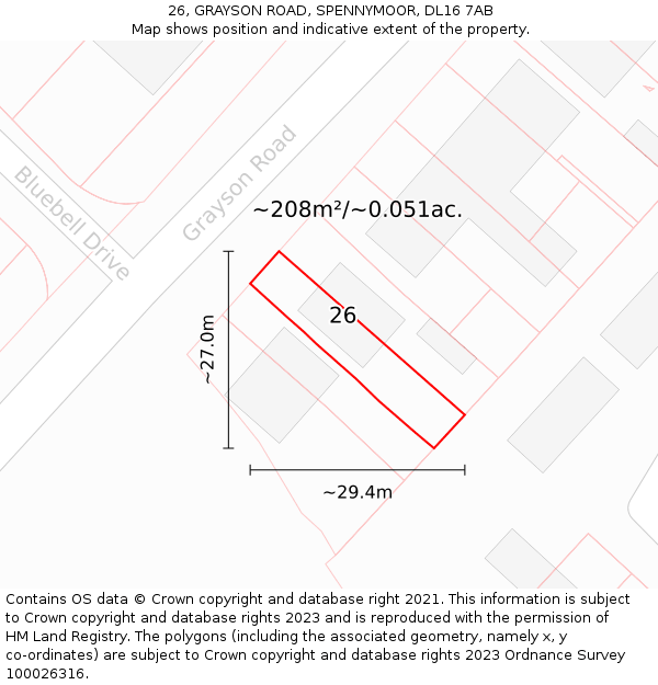 26, GRAYSON ROAD, SPENNYMOOR, DL16 7AB: Plot and title map