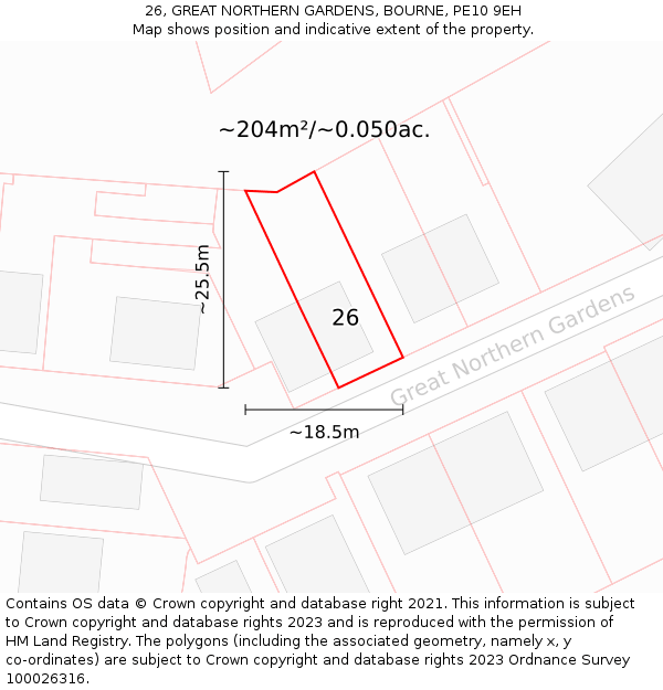 26, GREAT NORTHERN GARDENS, BOURNE, PE10 9EH: Plot and title map