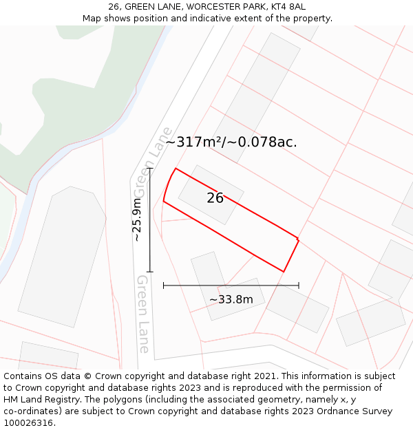 26, GREEN LANE, WORCESTER PARK, KT4 8AL: Plot and title map