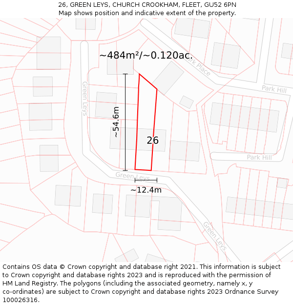 26, GREEN LEYS, CHURCH CROOKHAM, FLEET, GU52 6PN: Plot and title map