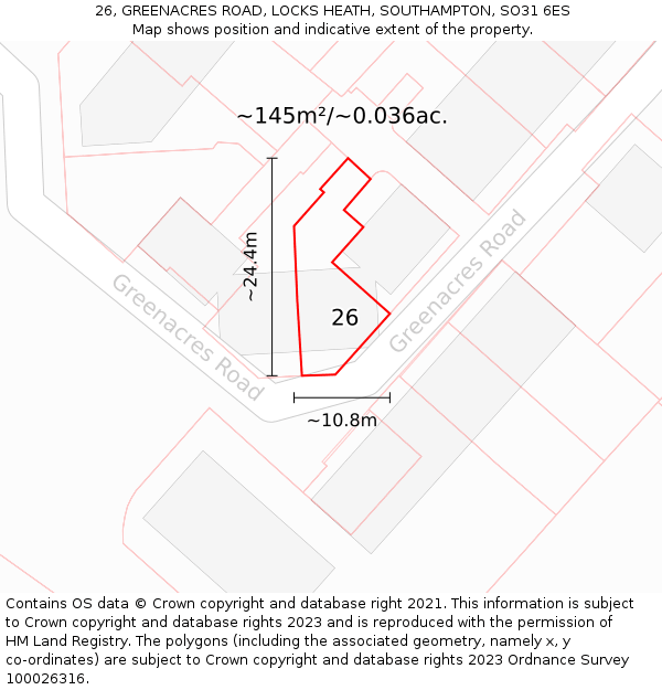 26, GREENACRES ROAD, LOCKS HEATH, SOUTHAMPTON, SO31 6ES: Plot and title map