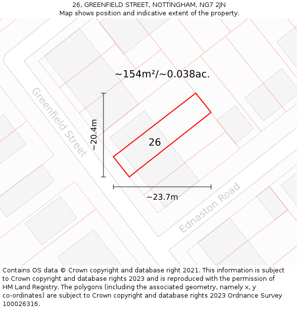 26, GREENFIELD STREET, NOTTINGHAM, NG7 2JN: Plot and title map