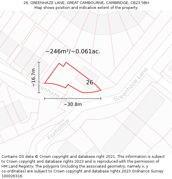 26, GREENHAZE LANE, GREAT CAMBOURNE, CAMBRIDGE, CB23 5BH: Plot and title map