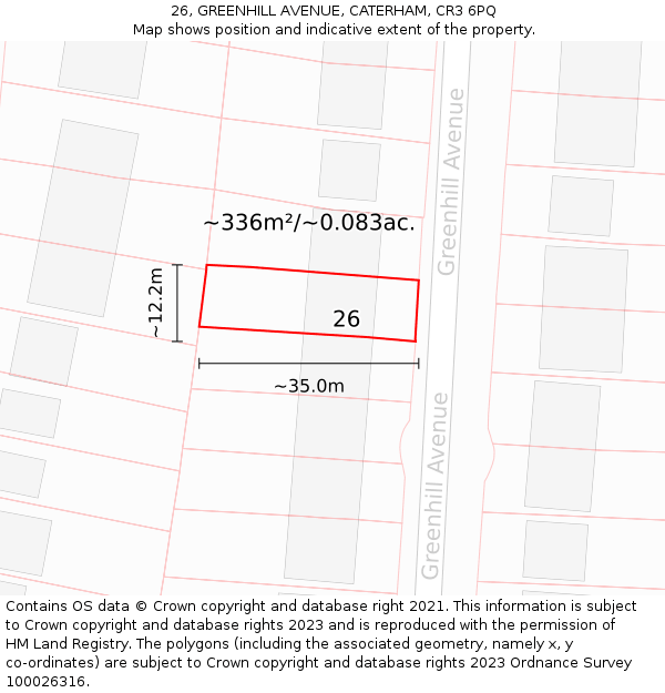 26, GREENHILL AVENUE, CATERHAM, CR3 6PQ: Plot and title map