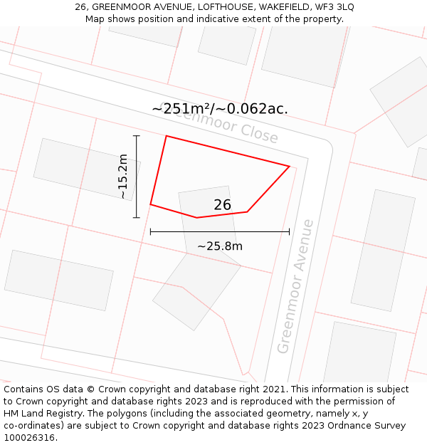 26, GREENMOOR AVENUE, LOFTHOUSE, WAKEFIELD, WF3 3LQ: Plot and title map