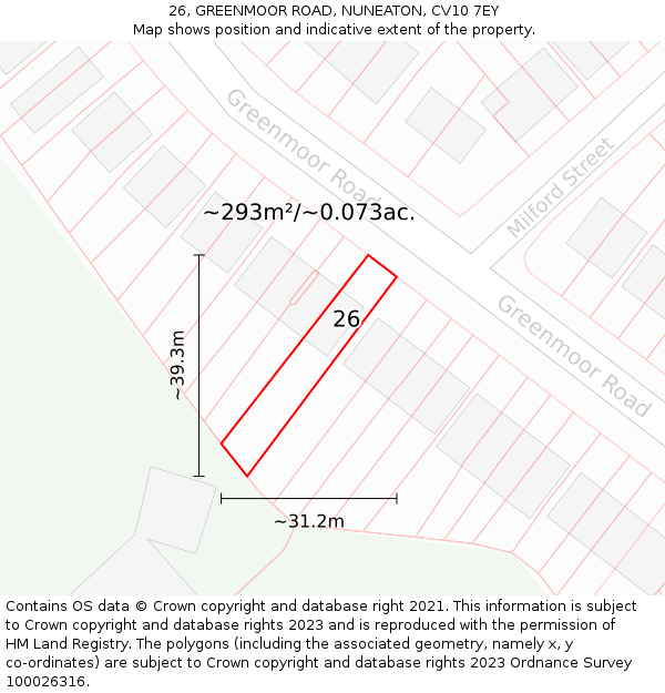 26, GREENMOOR ROAD, NUNEATON, CV10 7EY: Plot and title map