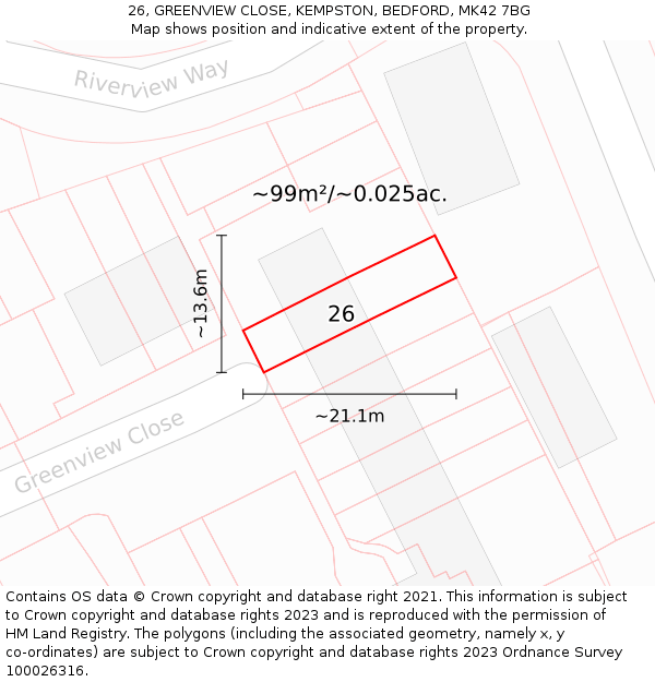 26, GREENVIEW CLOSE, KEMPSTON, BEDFORD, MK42 7BG: Plot and title map