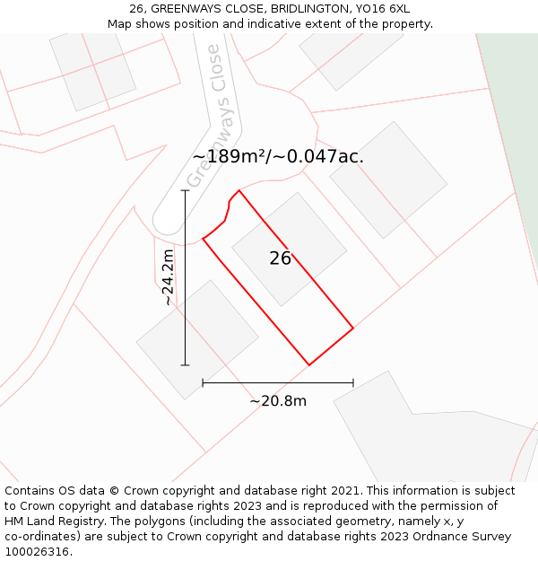 26, GREENWAYS CLOSE, BRIDLINGTON, YO16 6XL: Plot and title map