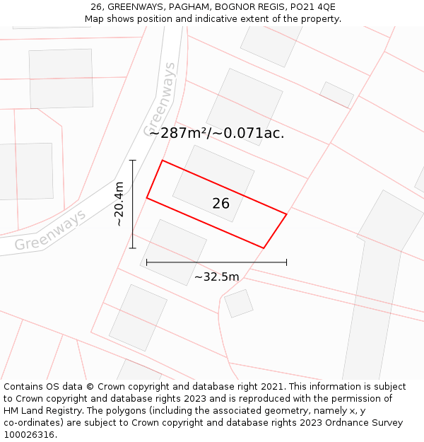 26, GREENWAYS, PAGHAM, BOGNOR REGIS, PO21 4QE: Plot and title map