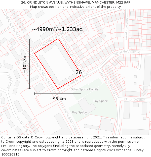 26, GRINDLETON AVENUE, WYTHENSHAWE, MANCHESTER, M22 9AR: Plot and title map