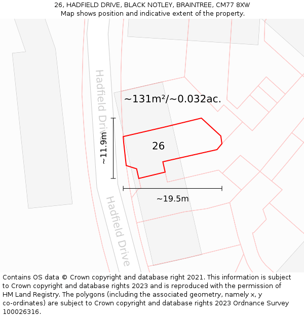 26, HADFIELD DRIVE, BLACK NOTLEY, BRAINTREE, CM77 8XW: Plot and title map