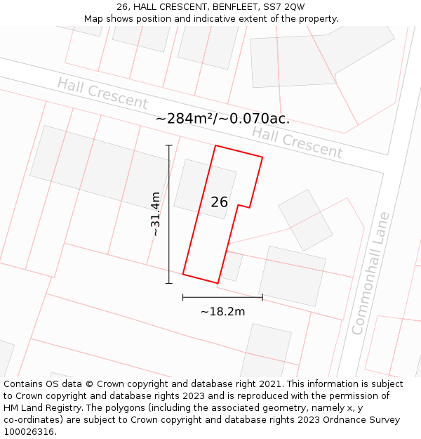 26, HALL CRESCENT, BENFLEET, SS7 2QW: Plot and title map