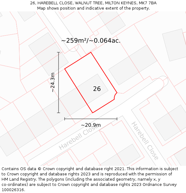 26, HAREBELL CLOSE, WALNUT TREE, MILTON KEYNES, MK7 7BA: Plot and title map