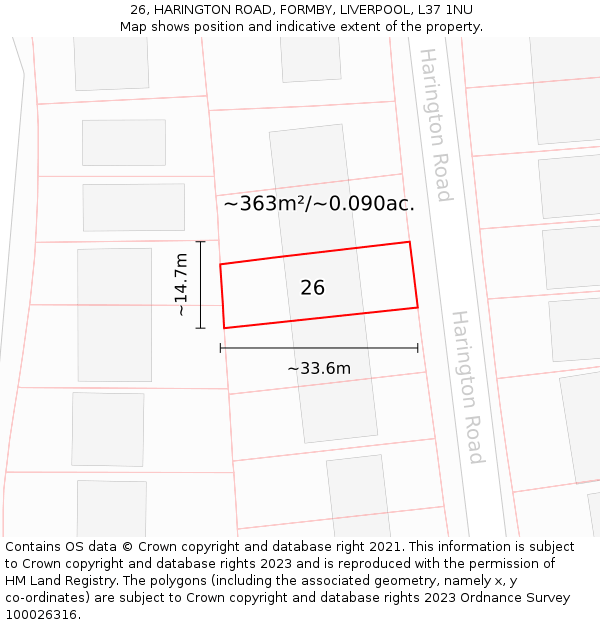 26, HARINGTON ROAD, FORMBY, LIVERPOOL, L37 1NU: Plot and title map