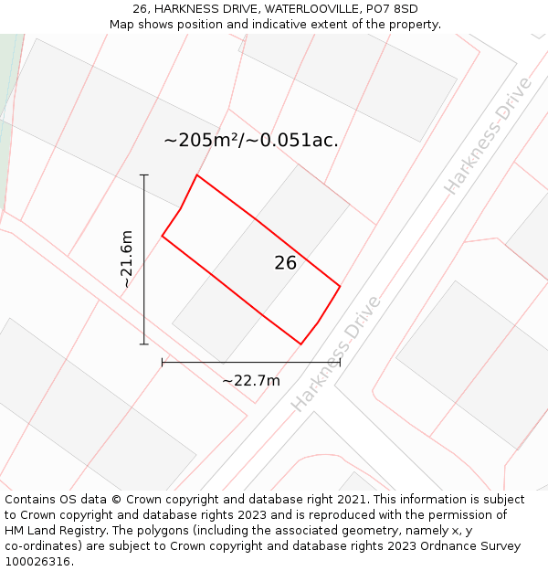 26, HARKNESS DRIVE, WATERLOOVILLE, PO7 8SD: Plot and title map