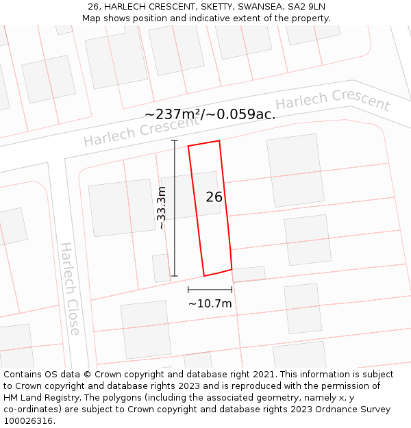 26, HARLECH CRESCENT, SKETTY, SWANSEA, SA2 9LN: Plot and title map