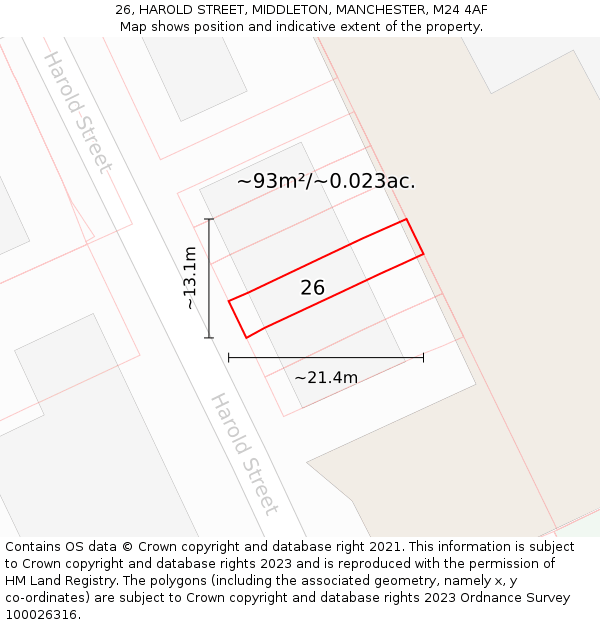 26, HAROLD STREET, MIDDLETON, MANCHESTER, M24 4AF: Plot and title map