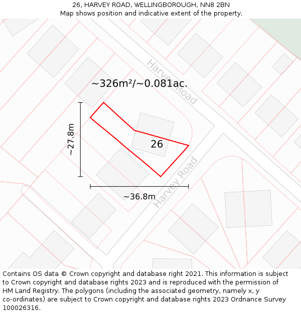 26, HARVEY ROAD, WELLINGBOROUGH, NN8 2BN: Plot and title map