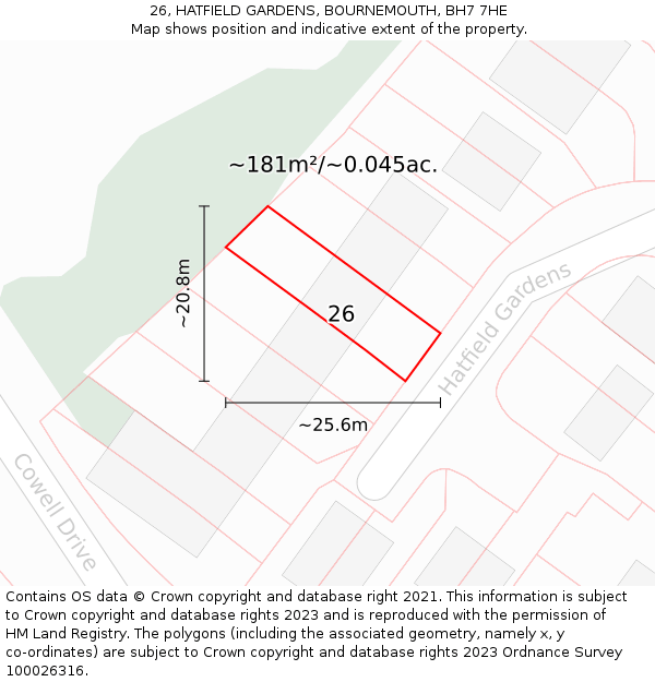 26, HATFIELD GARDENS, BOURNEMOUTH, BH7 7HE: Plot and title map