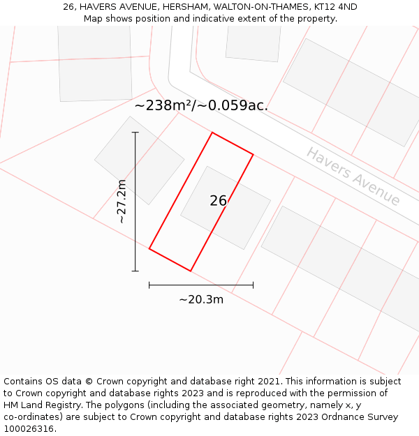 26, HAVERS AVENUE, HERSHAM, WALTON-ON-THAMES, KT12 4ND: Plot and title map