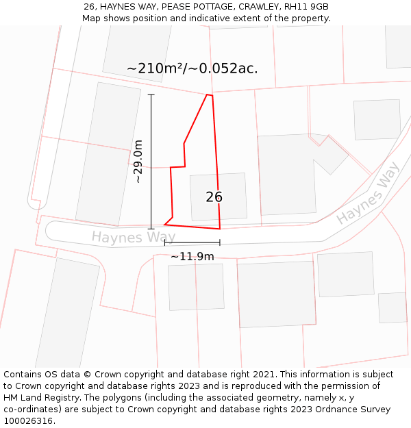 26, HAYNES WAY, PEASE POTTAGE, CRAWLEY, RH11 9GB: Plot and title map