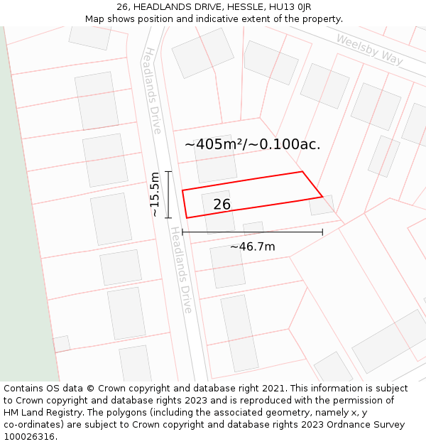 26, HEADLANDS DRIVE, HESSLE, HU13 0JR: Plot and title map