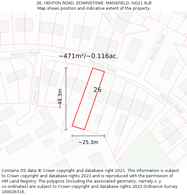 26, HENTON ROAD, EDWINSTOWE, MANSFIELD, NG21 9LB: Plot and title map