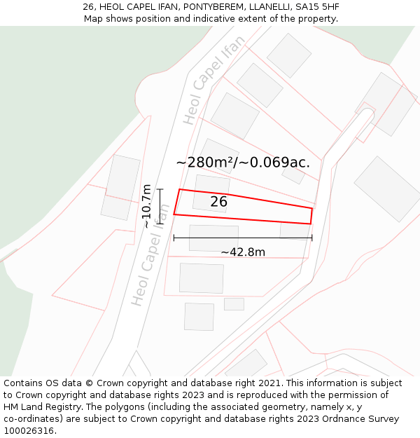 26, HEOL CAPEL IFAN, PONTYBEREM, LLANELLI, SA15 5HF: Plot and title map