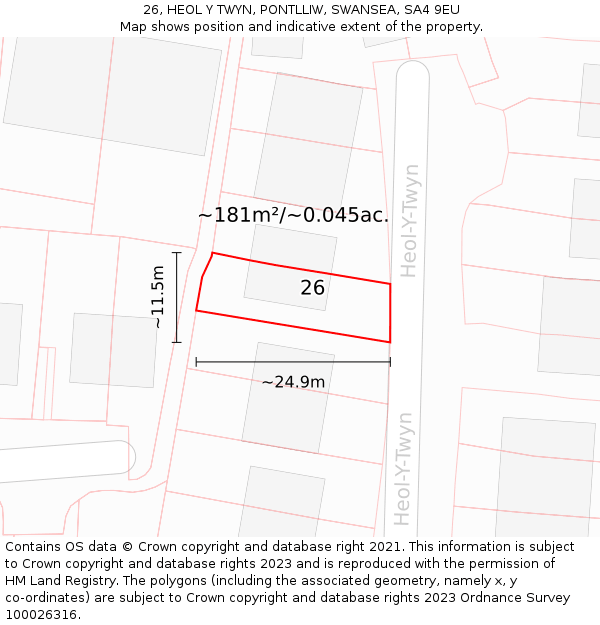 26, HEOL Y TWYN, PONTLLIW, SWANSEA, SA4 9EU: Plot and title map